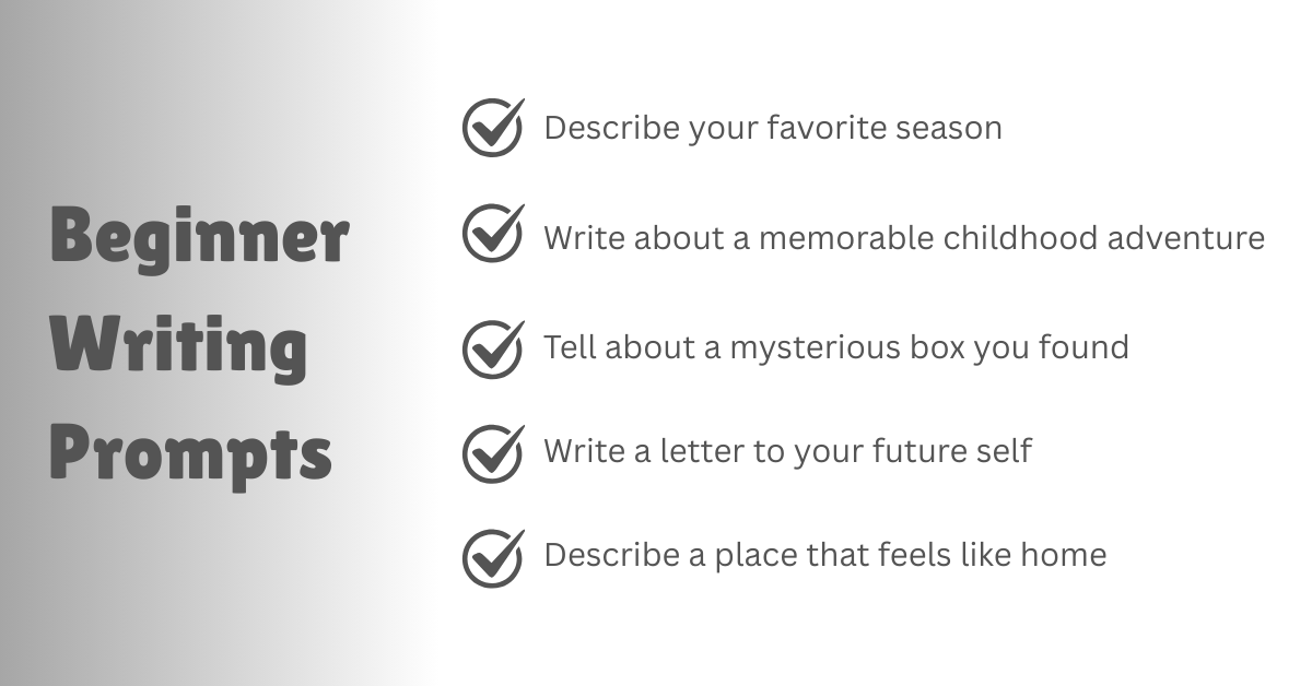 Infographic showing three main beginner writing prompt categories with examples.