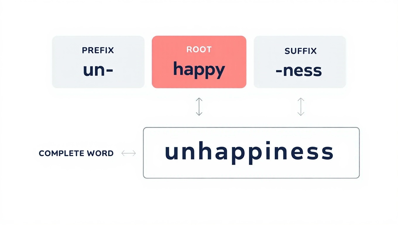 Infographic showing how prefixes and suffixes combine with root words to form new words.
