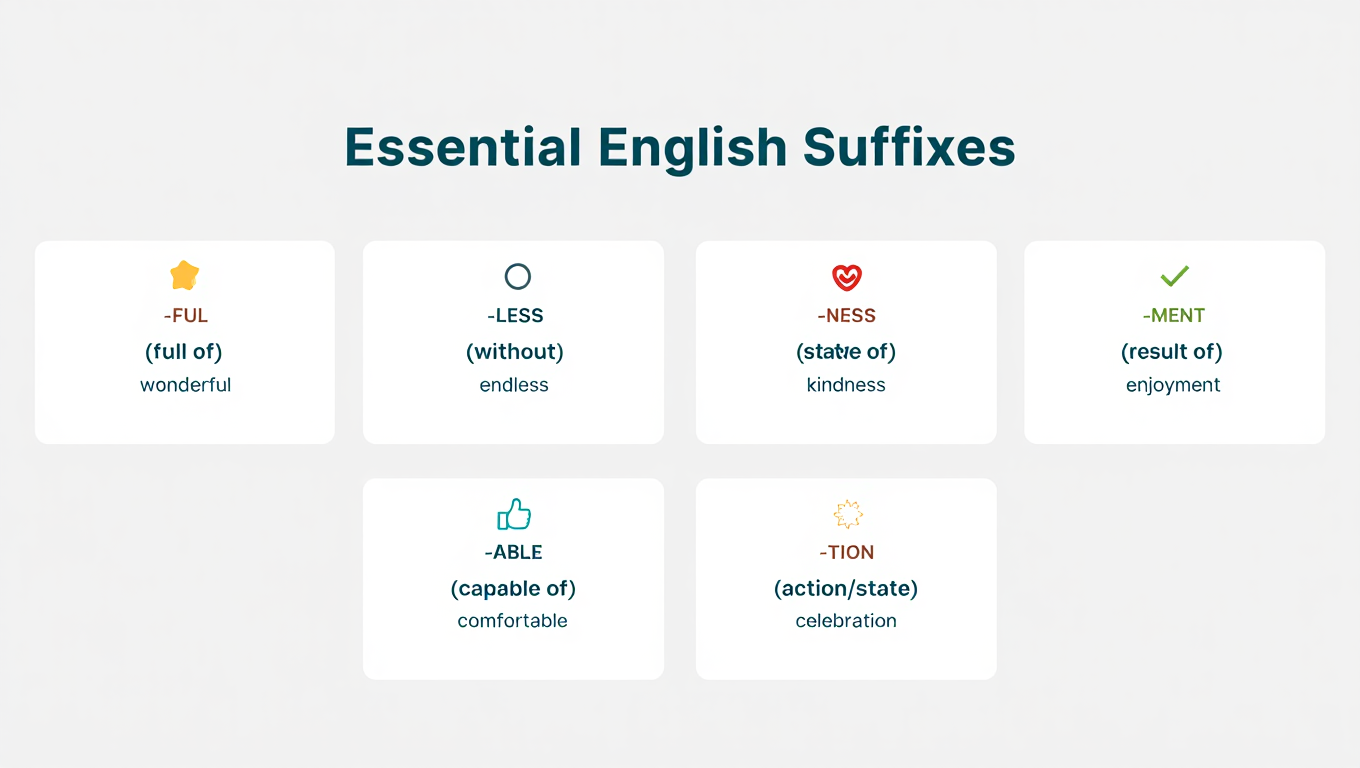 Infographic showing common English suffixes with meanings and example words for beginners.