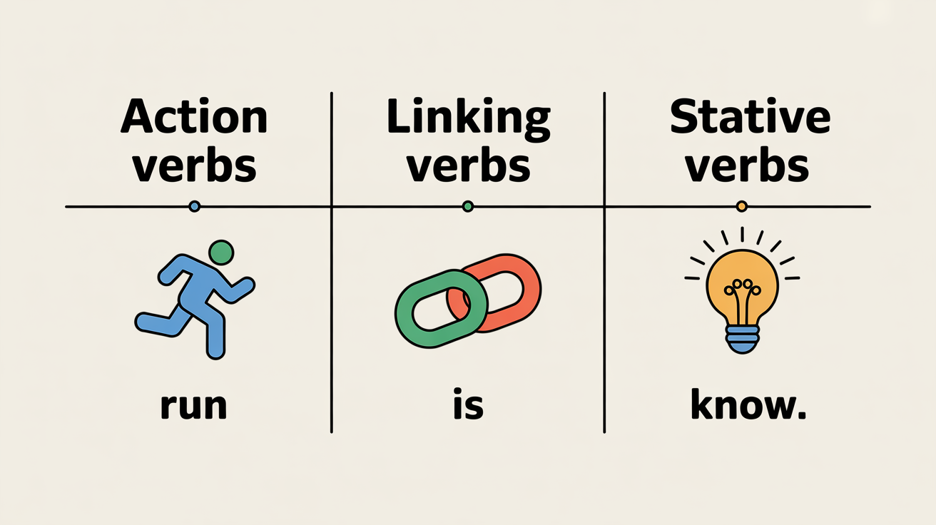Infographic showing Action, Linking, and Stative verbs.