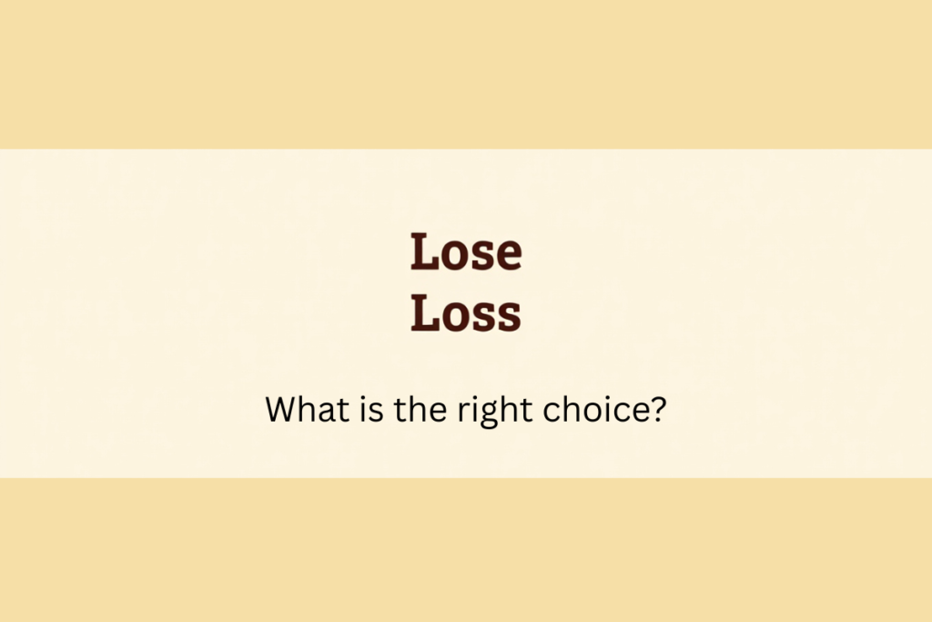 Infographic showing the difference between lose and loss with simple grammar focus.