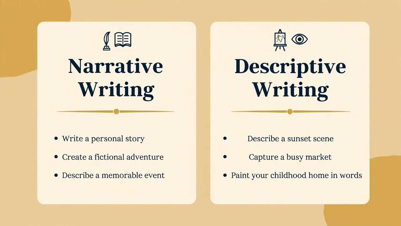 Infographic comparing narrative and descriptive writing prompts for beginners.