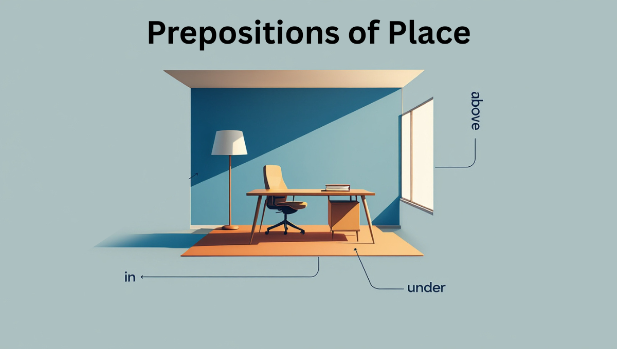 Illustration showing prepositions for beginners with examples of objects and times.
