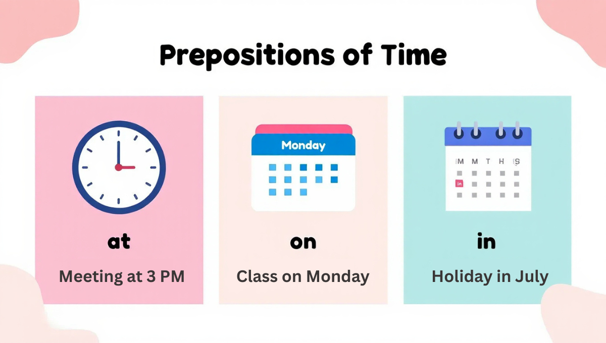 Illustration of a clock and calendar demonstrating prepositions of time.