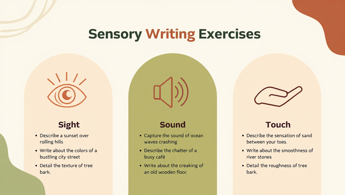 Infographic showing sensory writing prompts for beginners with visual icons and examples.