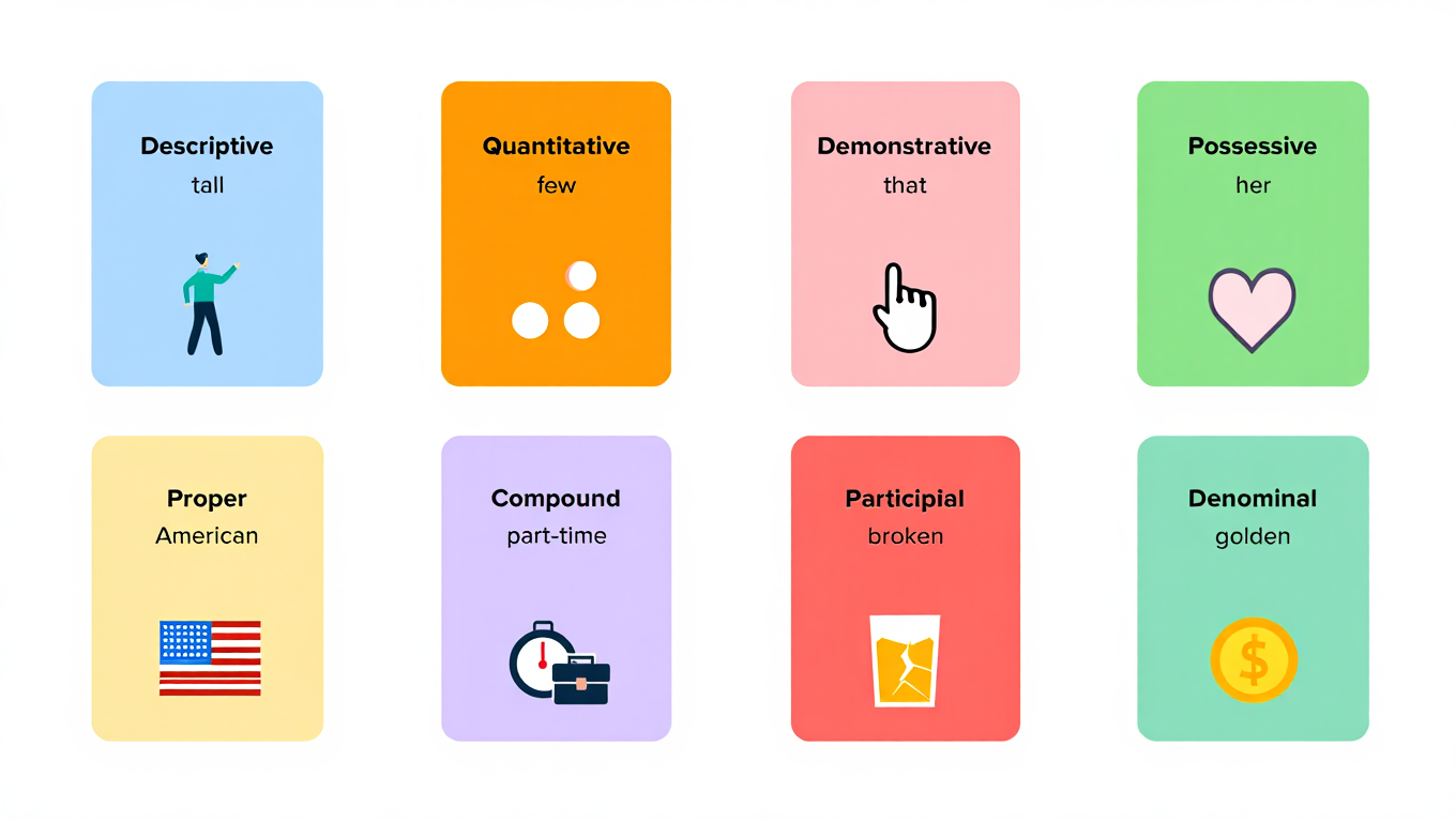 Visual infographic of types of English adjectives with examples