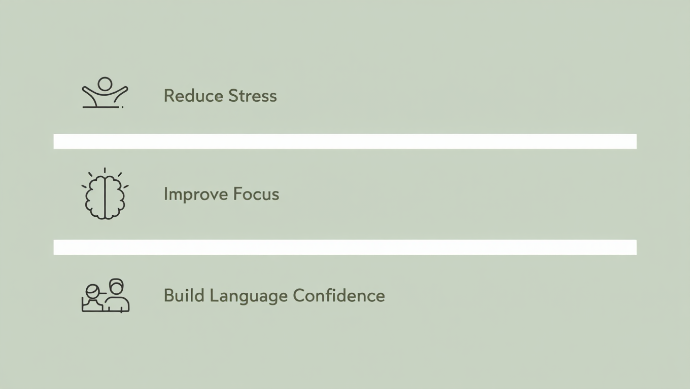 Infographic showing how clarity journaling reduces stress, improves focus, and supports ESL learners through simple daily writing
