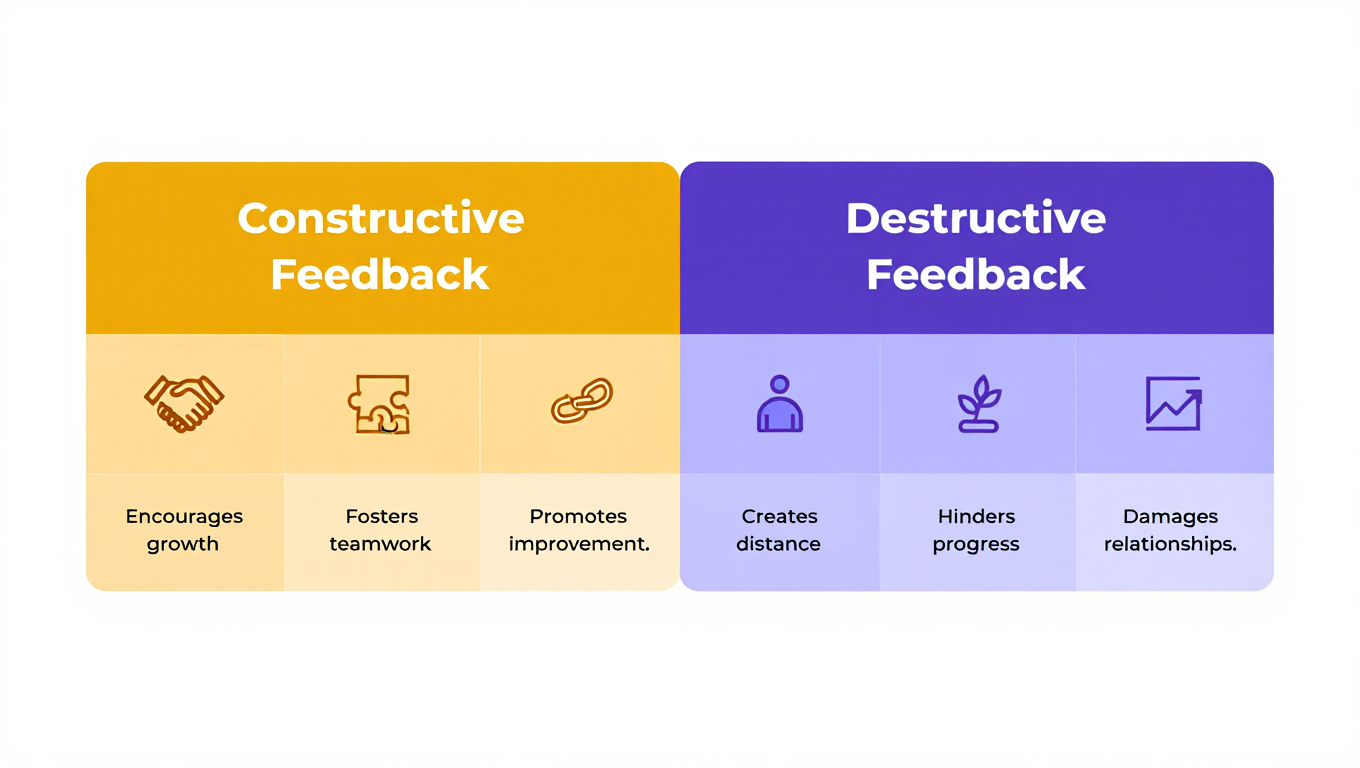 Table-style infographic comparing constructive and destructive feedback for writers, with icons, actionable insights, and color-coded differentiation.
