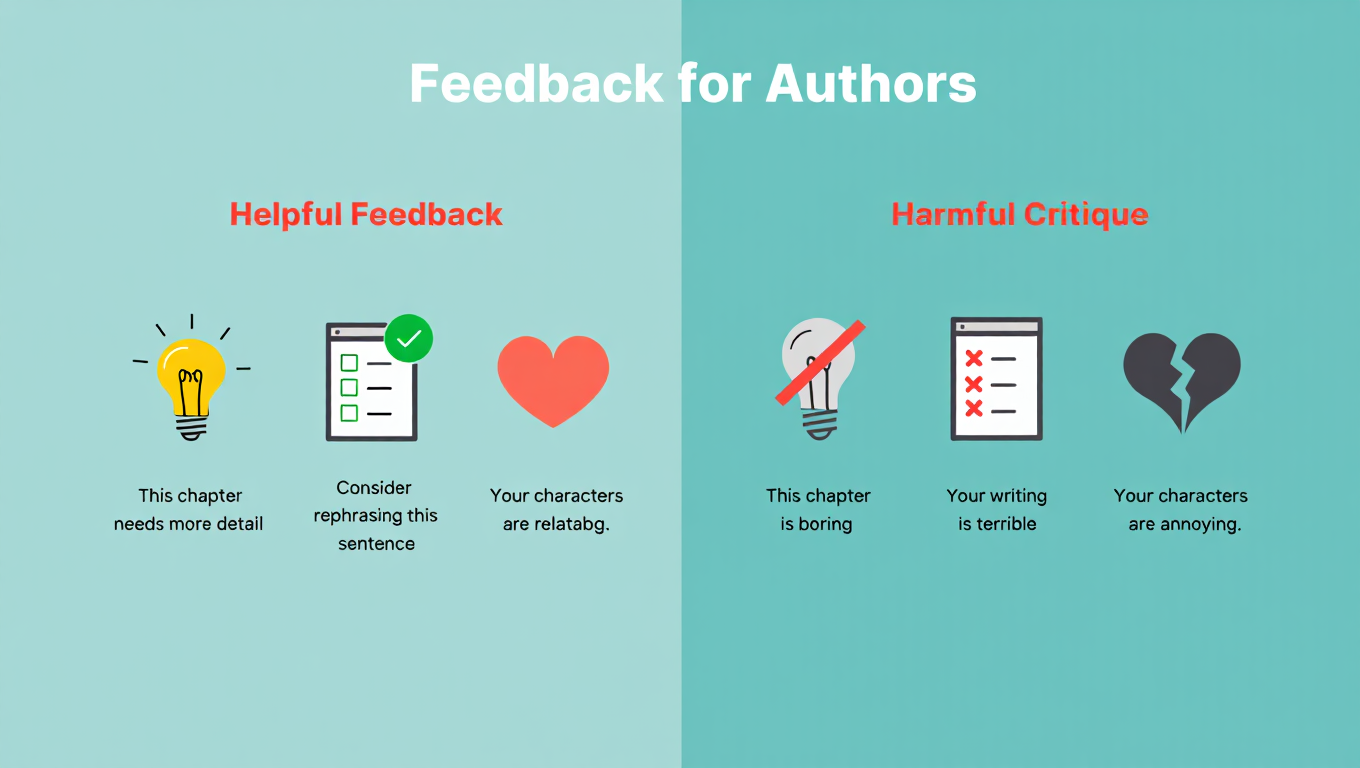 Table-style infographic comparing constructive and destructive feedback for writers, with icons, actionable insights, and color-coded differentiation.