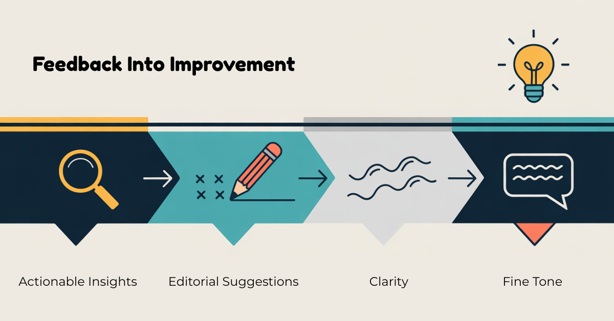 Infographic showing how to convert feedback into actionable improvement, highlighting editorial suggestions, flow, clarity, and tone.