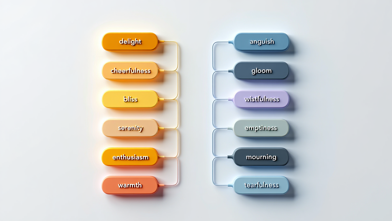3D infographic showing spectrum of joyful and sad emotions for journaling