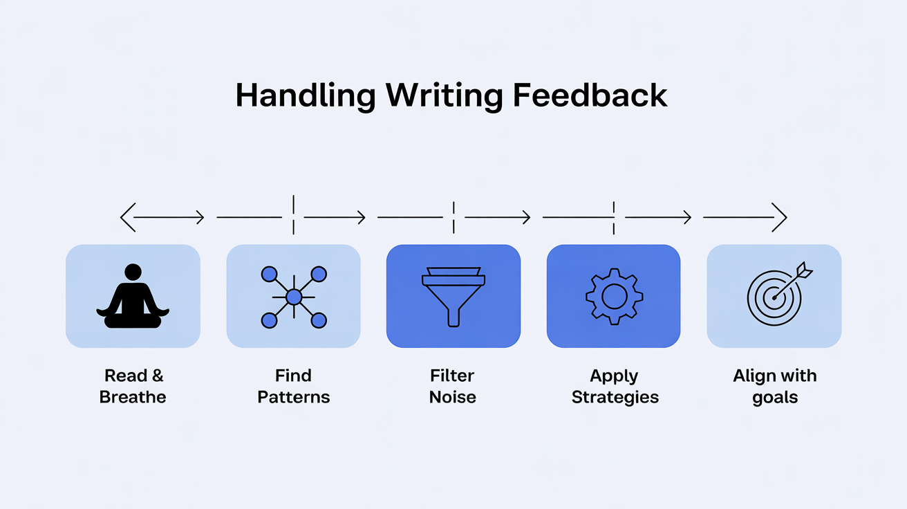 Step-by-step infographic showing how to read, filter, and apply writing critiques, with icons for each step and professional, clean layout.