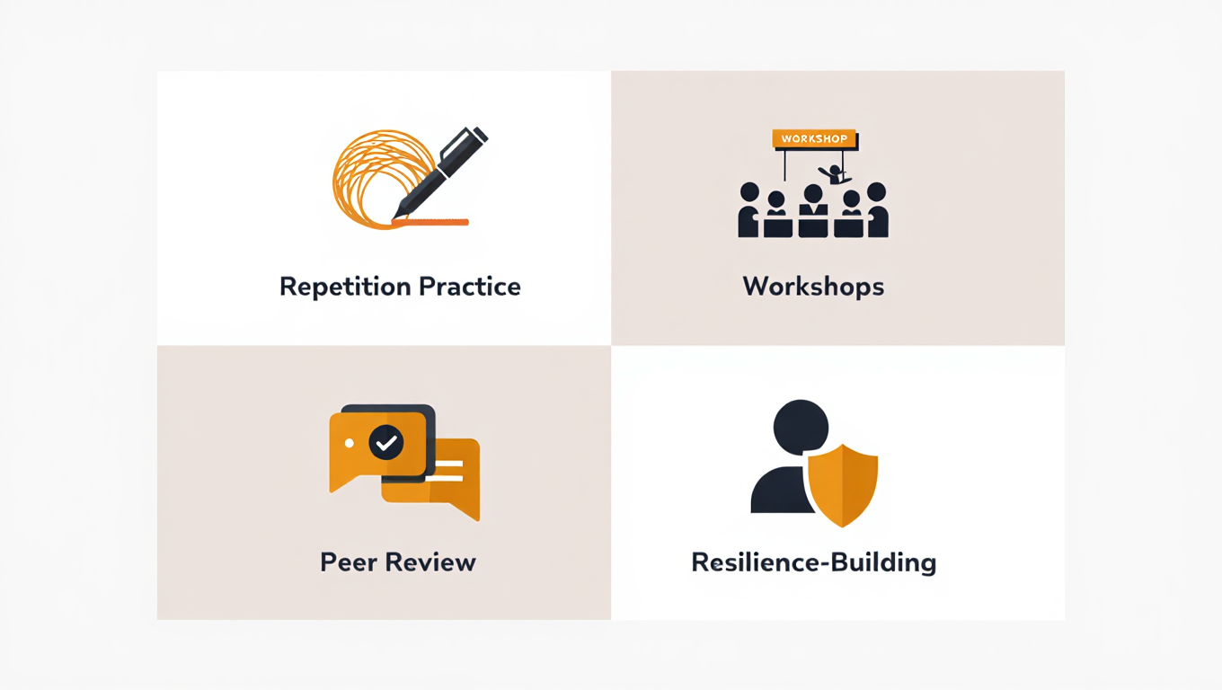 Infographic for writers showing strategies to stay motivated after harsh feedback, including repetition, workshops, peer review, and resilience building.