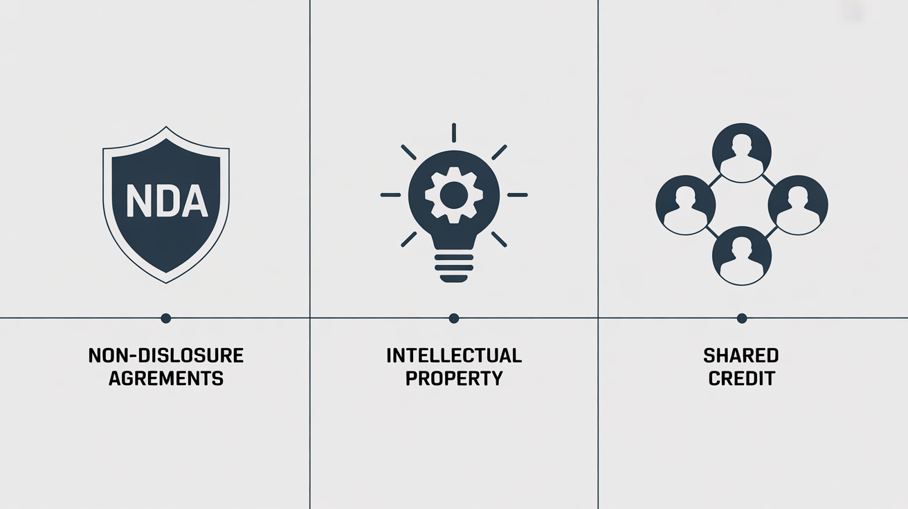 Professional legal-style infographic showing NDA, intellectual property, and shared credit using icons, clean lines, neutral business colors, no decorative elements