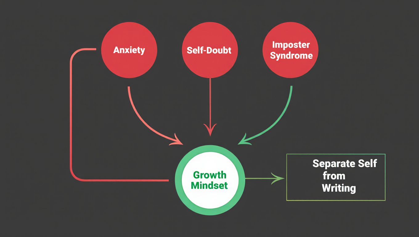 Infographic showing how writing feedback triggers emotional responses like self-doubt, anxiety, and imposter syndrome, with professional icons and growth mindset solution.