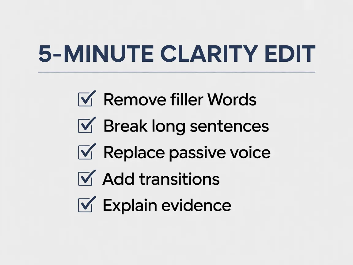 Infographic showing how to remove filler words and shorten long phrases to improve essay clarity