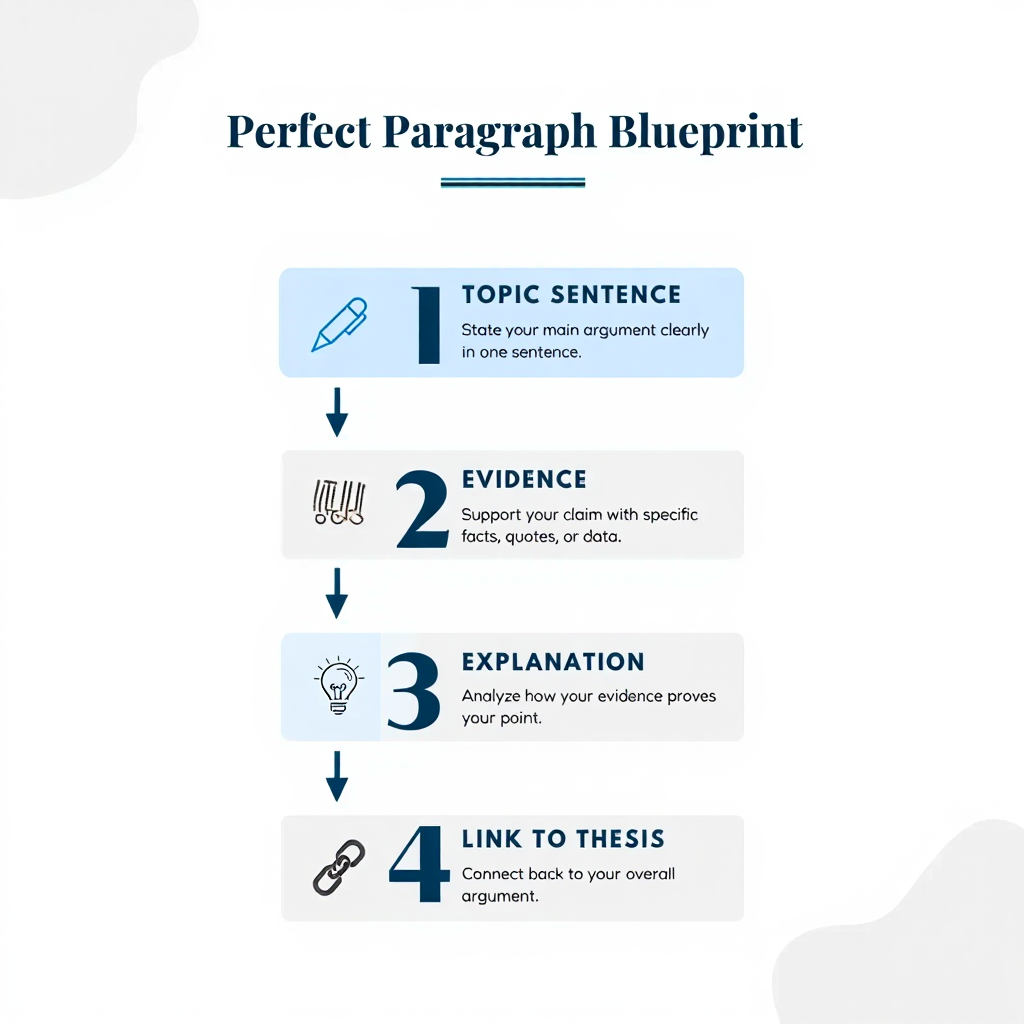 Clear paragraph structure diagram showing topic sentence, evidence, explanation, and link back to thesis
