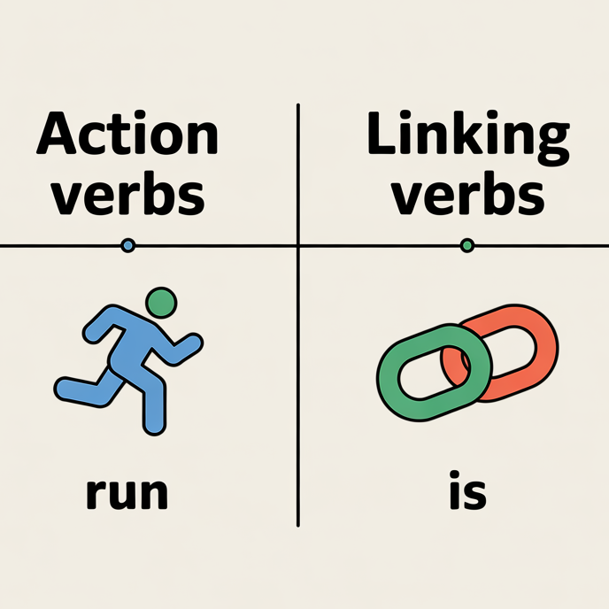 Infographic showing Action, Linking, and Stative verbs.